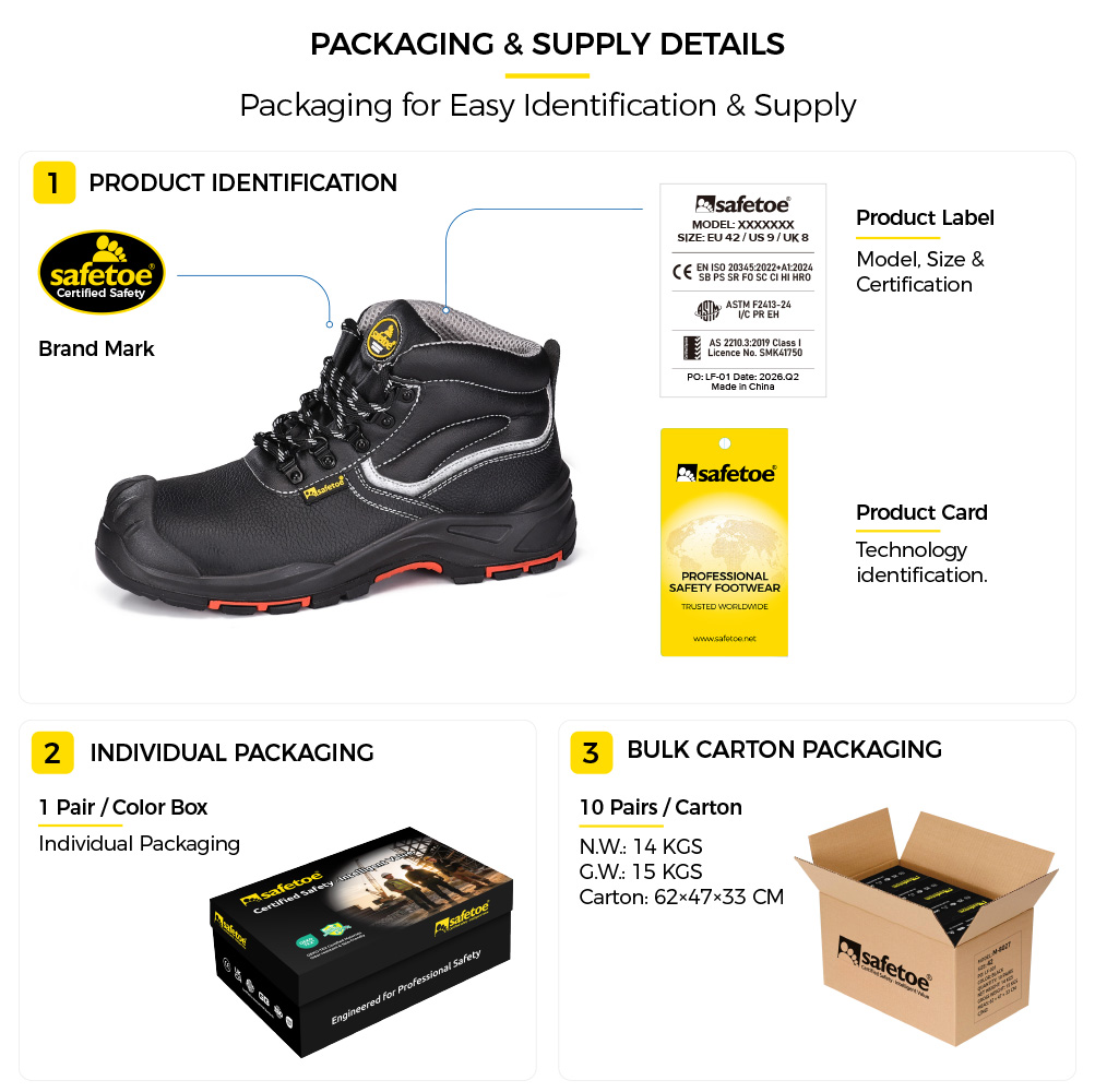 M-8520PRST Chaussures de s&eacute;curit&eacute; pour la construction industrielle en cuir de vache noir Emballage