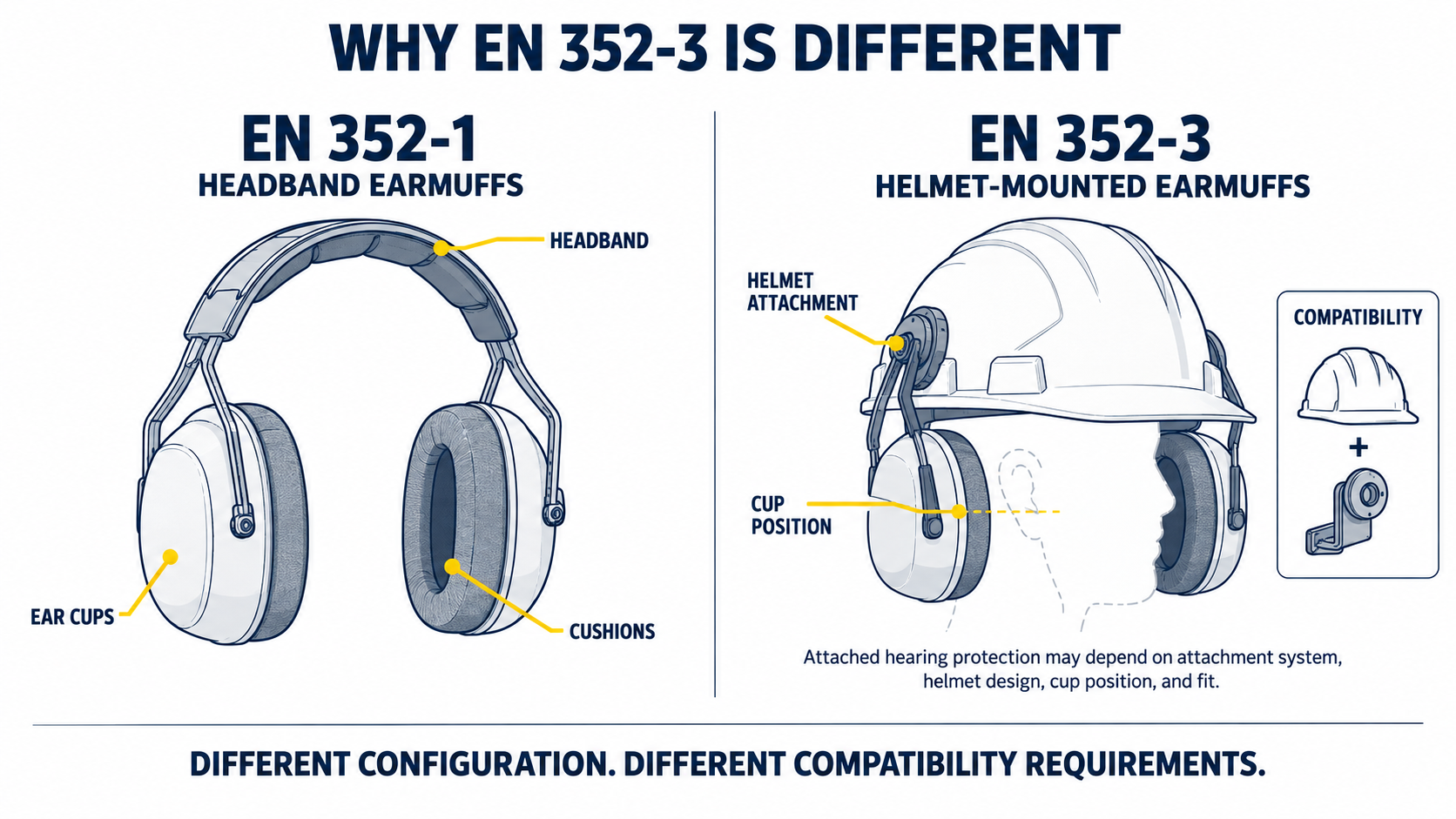 Diff&eacute;rence entre les casques antibruit serre-t&ecirc;te EN 352-1 et les casques antibruit mont&eacute;s sur casque EN 352-3