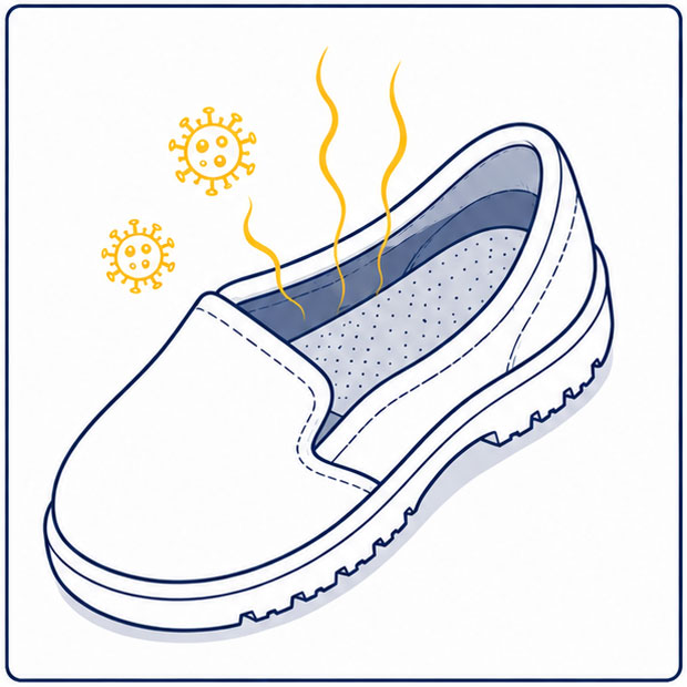 Chaussure de s&eacute;curit&eacute; blanche pour l'industrie alimentaire illustrant les probl&egrave;mes d'odeur et d'hygi&egrave;ne