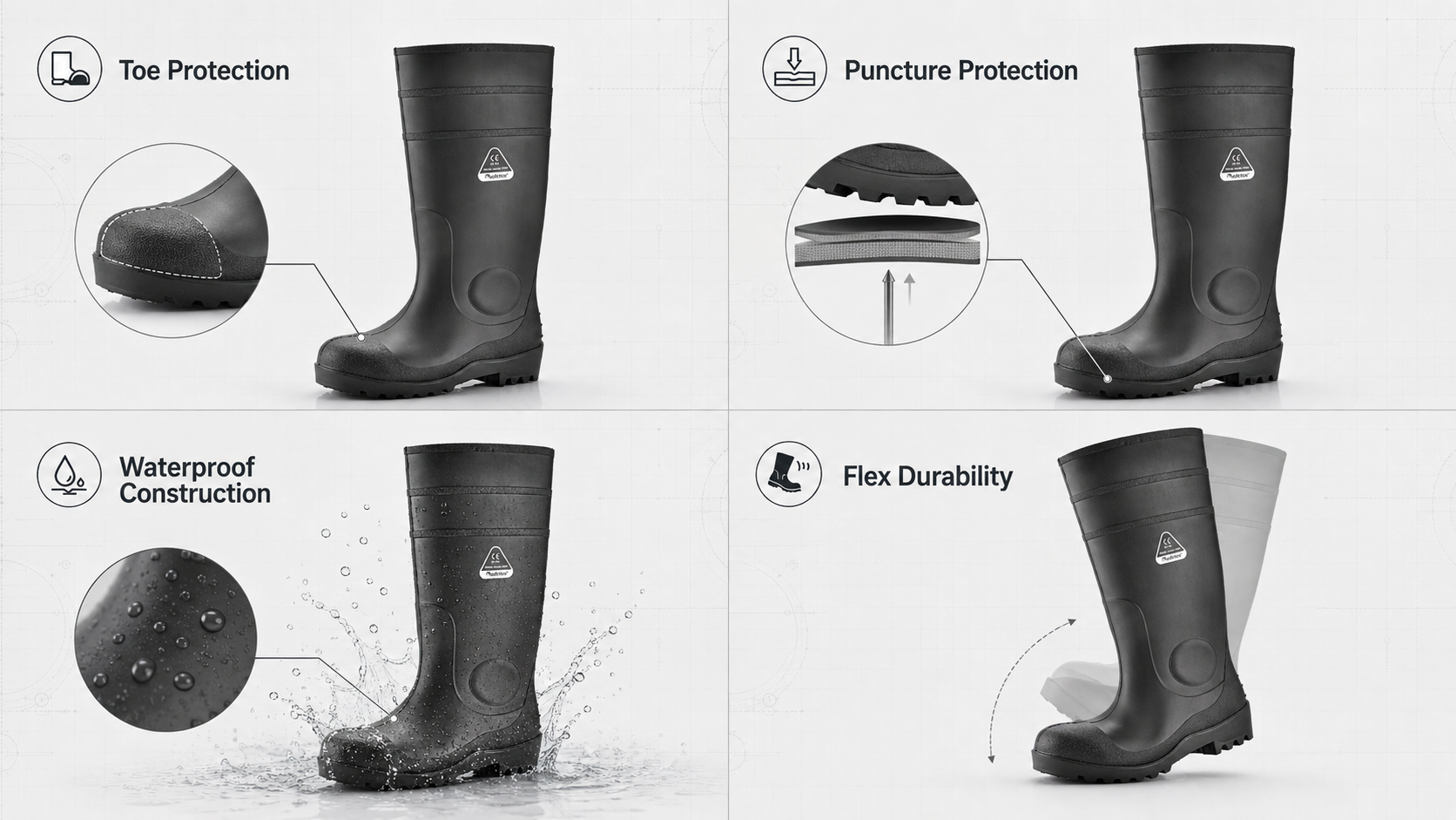 Bottes de s&eacute;curit&eacute; Wellington, imperm&eacute;ables et flexibles, caract&eacute;ristiques de durabilit&eacute; au niveau des orteils
