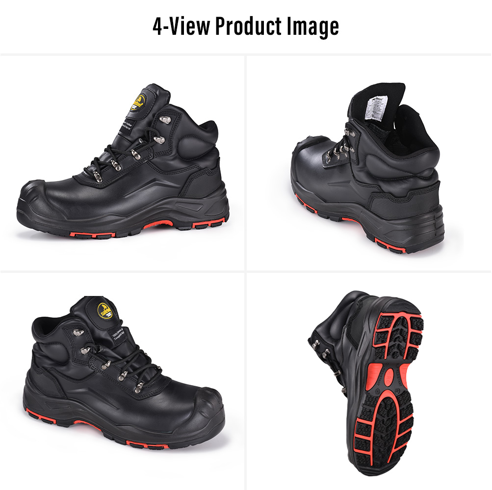 Quatre vues des bottes de travail mini&egrave;res robustes en cuir noir M-8565