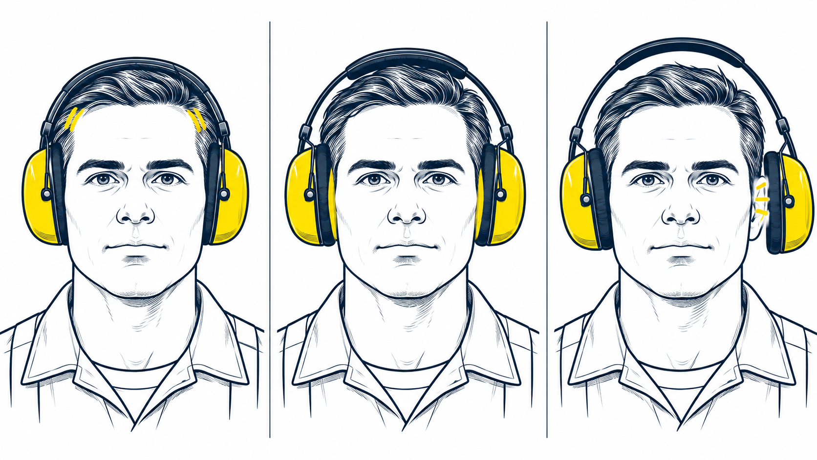 Trois illustrations comparant l'ajustement serr&eacute;, &eacute;quilibr&eacute; et l&acirc;che du casque antibruit