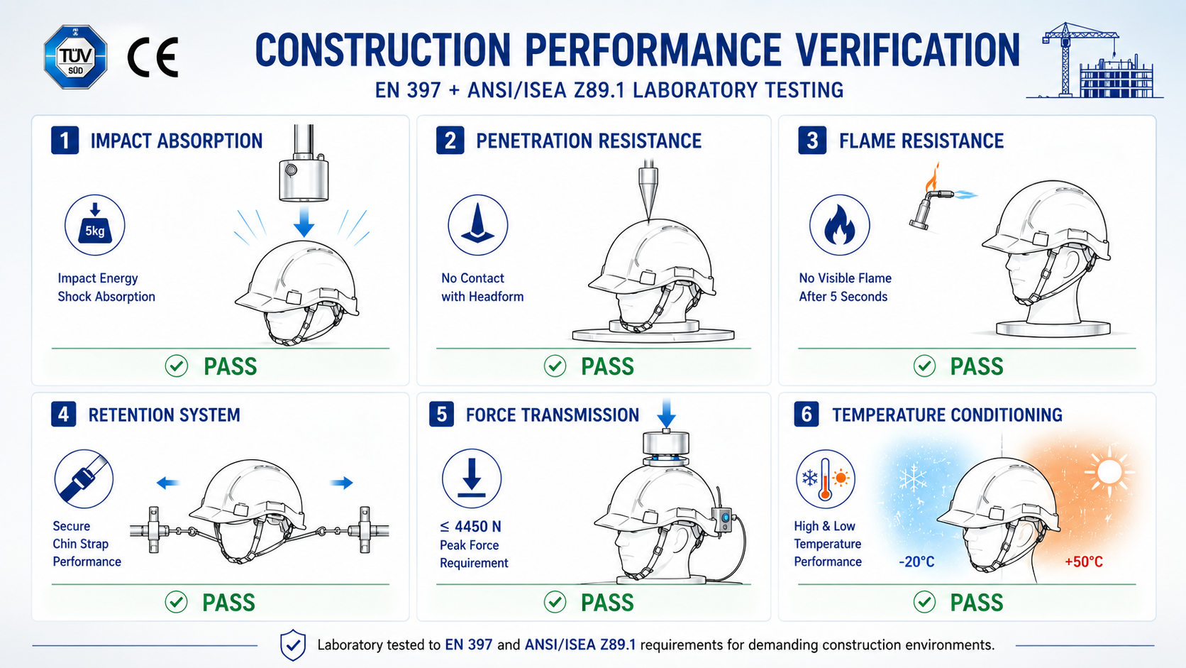 Tests de performance des casques de s&eacute;curit&eacute; pour la construction, notamment l'absorption des chocs, la r&eacute;sistance &agrave; la p&eacute;n&eacute;tration, la r&eacute;sistance aux flammes, la r&eacute;tention, la transmission de force et le conditionnement de la temp&eacute;rature.