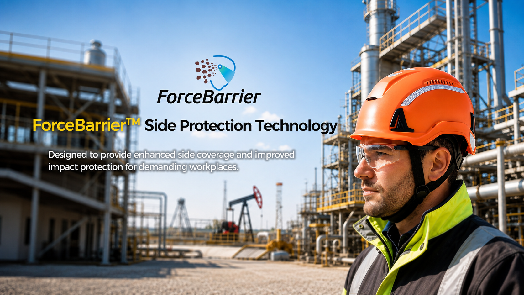 Ouvrier industriel portant un casque de s&eacute;curit&eacute; orange dot&eacute; de la technologie de protection lat&eacute;rale ForceBarrier