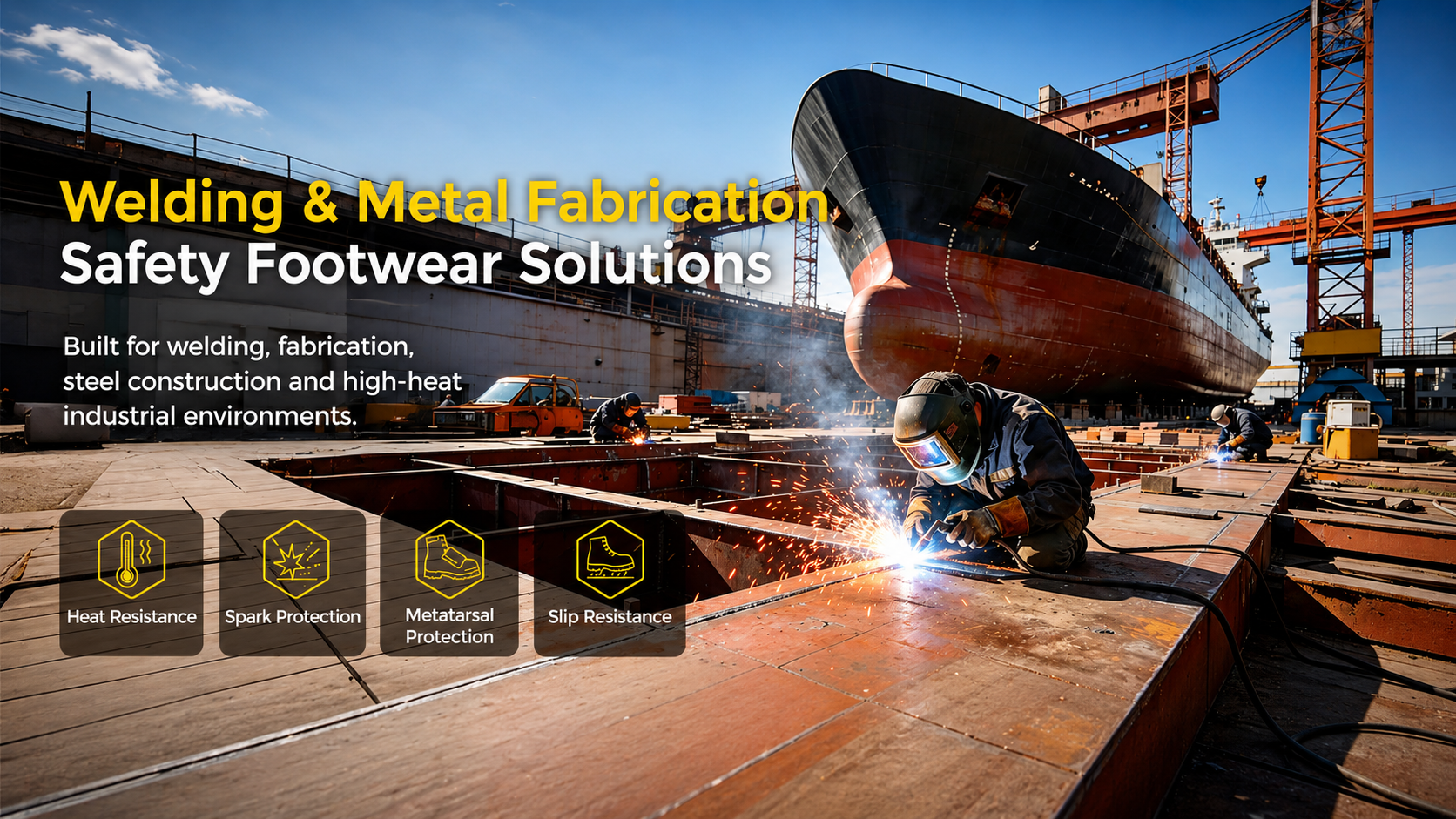 Solutions de chaussures de s&eacute;curit&eacute; pour le soudage et la fabrication m&eacute;tallique pour la chaleur, les &eacute;tincelles, les impacts m&eacute;tatarsiens et les surfaces industrielles glissantes