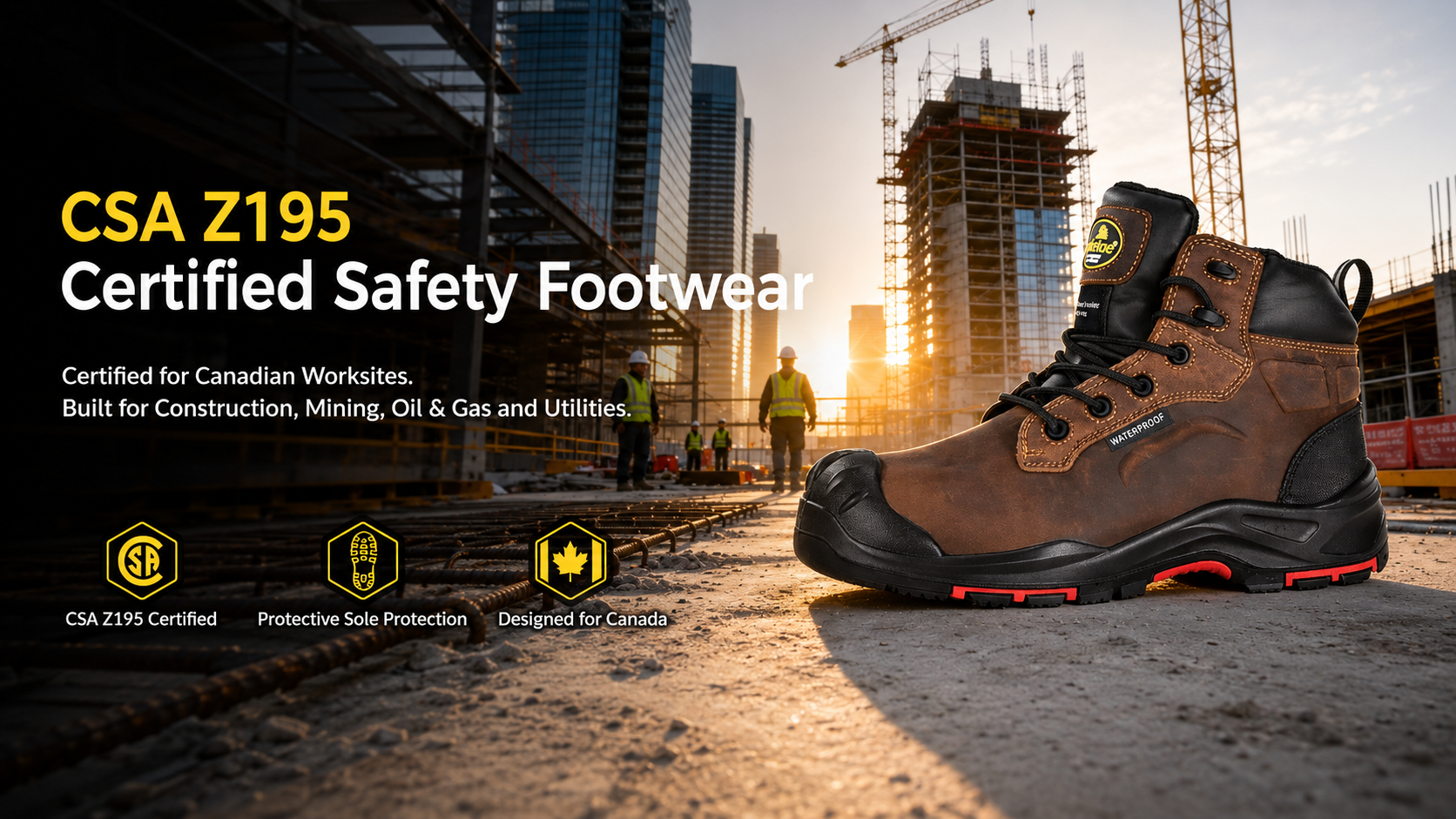 Botte de s&eacute;curit&eacute; marron imperm&eacute;able certifi&eacute;e CSA Z195 expos&eacute;e sur un chantier de construction canadien avec des ouvriers et des grues