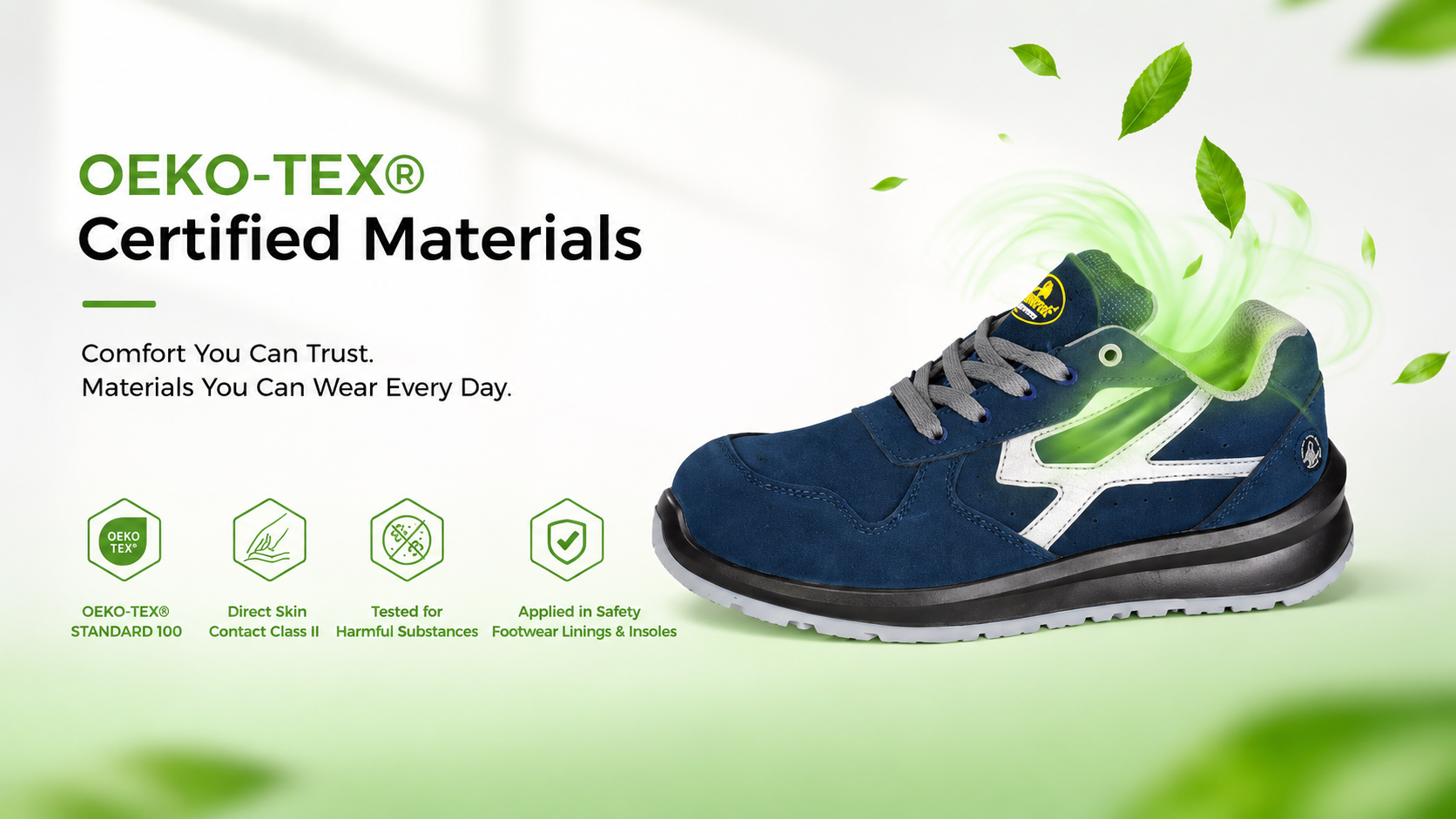 Chaussure de s&eacute;curit&eacute; bleue avec doublure et mat&eacute;riaux de semelle int&eacute;rieure certifi&eacute;s OEKO-TEX&reg; STANDARD 100 et test&eacute;s pour les substances nocives
