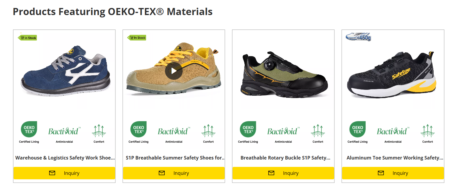 Quatre chaussures de s&eacute;curit&eacute; SAFETOE dot&eacute;es de doublures certifi&eacute;es OEKO-TEX&reg;, de mat&eacute;riaux antimicrobiens et d'une technologie de confort