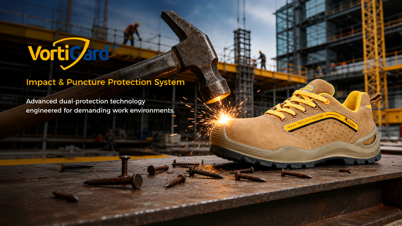 Chaussure de s&eacute;curit&eacute; beige dot&eacute;e de la technologie de protection contre les impacts et les perforations VortiGard sur un chantier de construction