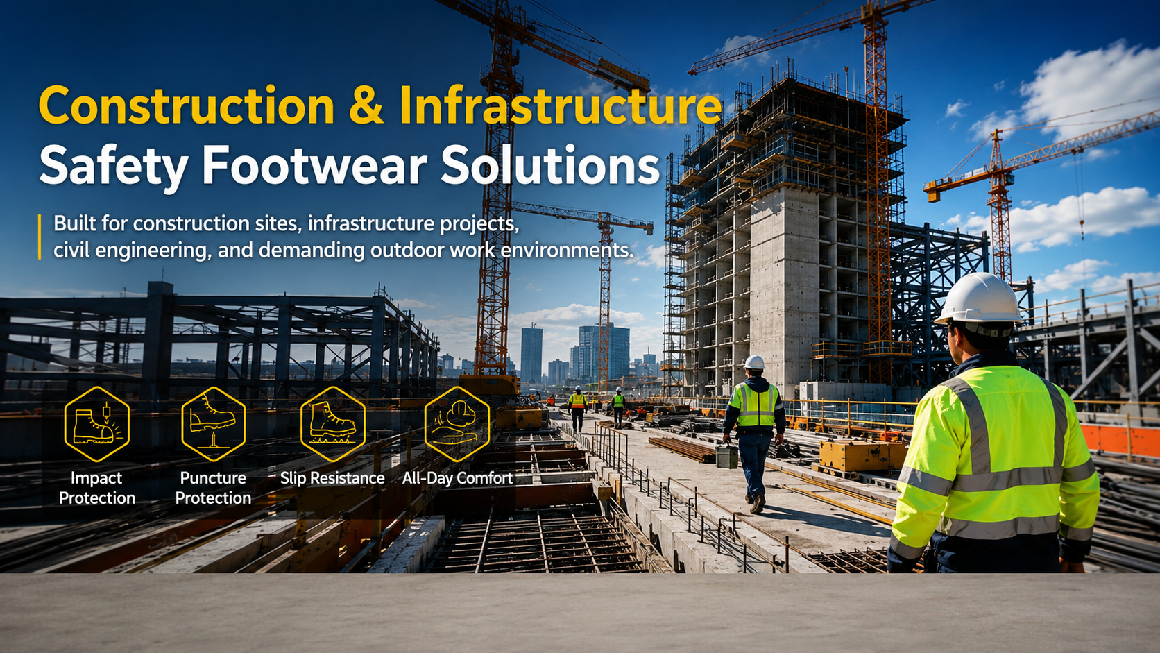 Solutions de chaussures de s&eacute;curit&eacute; pour la construction et les infrastructures avec protection contre les chocs, les perforations, antid&eacute;rapantes et confortables toute la journ&eacute;e